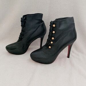 Christian Louboutin Vintage Soft Black Heeled Ankle Boots with Gold Buttons